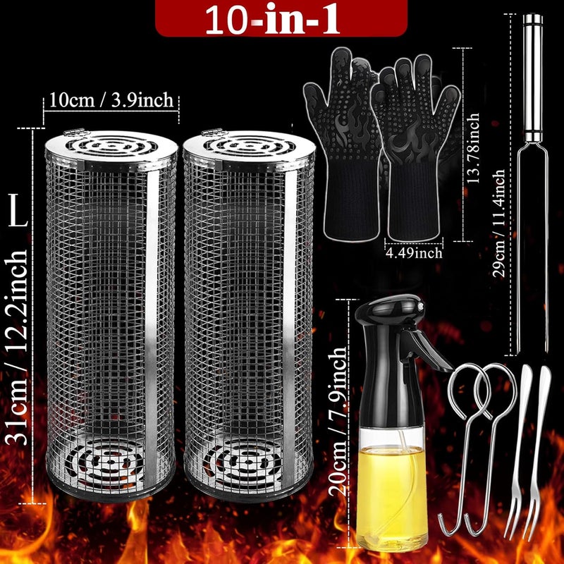 AUCMA Rolling Grilling Baskets for Outdoor Grill Bbq Net Tube Stainless Steel Lid Large Round Mesh Barbecue Wire Cylinder Cage Picnic Must Haves Tools Food Cooking Basket for Veggies Vegetable Fish Meat - Image 2